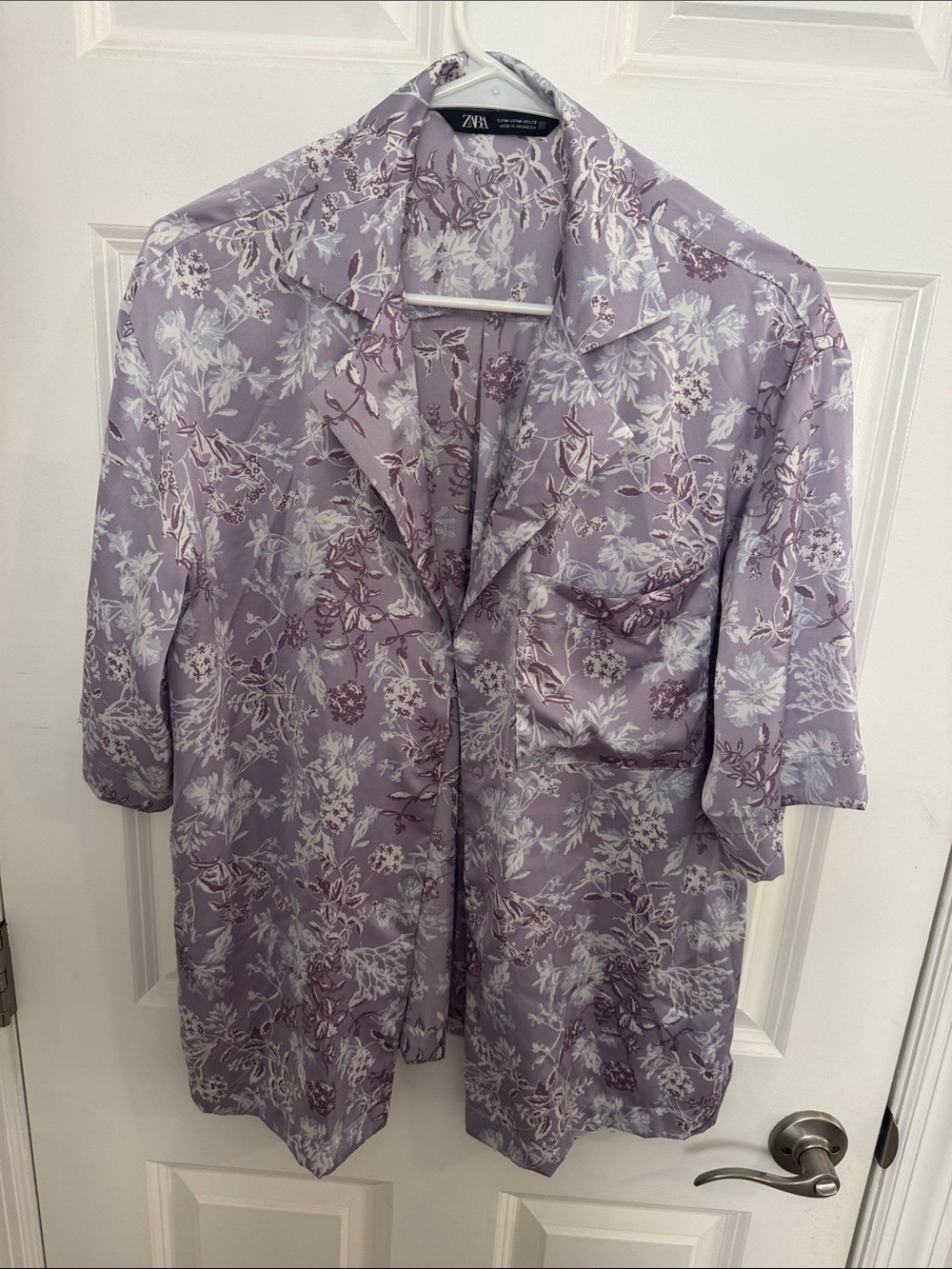 ZARA Lavender Floral Short-Sleeve Satin Blouse